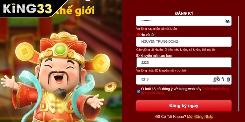 Điền thông tin đăng ký KING33 theo đúng yêu cầu